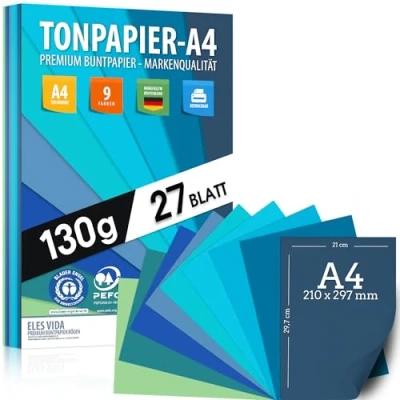 Afbeelding van ELES VIDA Tontekenpapier, 27 vellen, blauwtinten, waterkleuren, DIN A4, 130 g/m², set 9 kleuren, stevig knutselpapier, voor kinderen, marineblauw, zee, azuur, blauwe engel en PEFC gecertificeerd, made in
