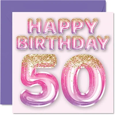 Afbeelding van 50e verjaardagskaart voor vrouwen roze &amp; paarse glitterballonnen gelukkige verjaardagskaarten 50 jaar oude vrouw moeder nanny oma tante, 145mm x vijftig vijftigste verjaardag wenskaarten cadeau
