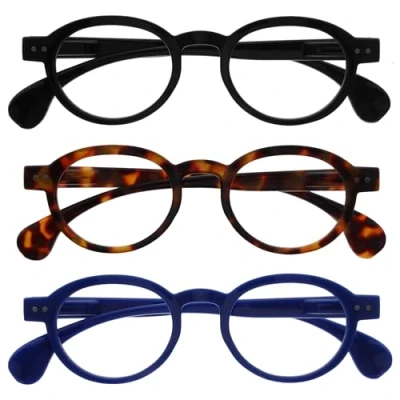 Afbeelding van OPULIZE OCA Leesbrillen 3 Pack Modern Retro Rond Montuur Zwart, Bruin, Blauw Heren Dames Veerscharnieren RRR54 123 +3.50