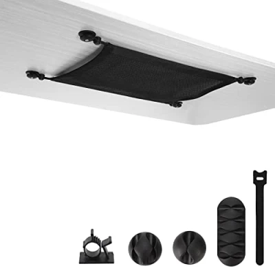 Afbeelding van WurdeWindig Flexibel kabelnet, bureau voor onderbouw, kabelgoot, bureaunet, 40 x 28 cm, zwart, open kabelbeheer, opslag alle kabels verbergen.
