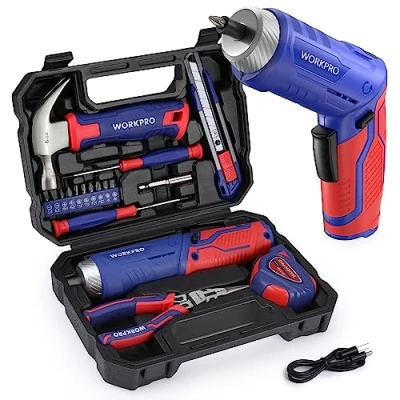 Afbeelding van WORKPRO 18 delige gereedschapsset met 3,7 V USB C accuschroevendraaier, klein, gereedschapskoffer, gevuld gereedschapsset, cadeau voor doe het zelvers, kinderen, zelf knutselen