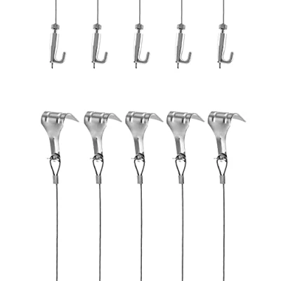 Afbeelding van QWORK® schilderij ophangdraad voor spiegel fotolijst foto&#039;s, 2 m x Φ1,5 mm staaldraad met verstelbare haak en vormhaak rail hook, draagvermogen 40 KG, 5 stuks