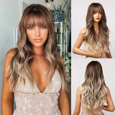 Afbeelding van Honygebia Lichtbruine Pruik met Pony Lange Ombre Golvende Pruiken voor Vrouwen, Aswit Synthetisch Hittebestendig Haar, Beste Natuurlijke Halloween/Kerst/Cosplay/Feest