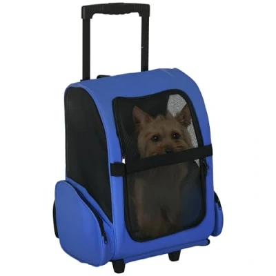 Afbeelding van PawHut Hondentrolley transporttas trolley draagtas rugzak hond blauw