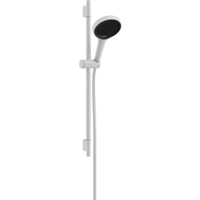 Afbeelding van hansgrohe rainfinity doucheset 130 3jet ecosmart met glijstang 65 cm push schuifstuk en textiel doucheslang 160 mat wit 28746700