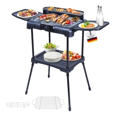 Afbeelding van Sommertal BBQ231 Elektrische barbecue, balkongrill, 2200 W, campinggrill, 2 in 1 tafelgrill met standaard, traploze temperatuurregelaar, legvlak, snel opwarmen, windscherm