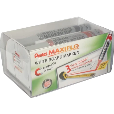 Afbeelding van Pentel whiteboardmarker Maxiflo set van 4 stuks: blauw, rood, groen en zwart + magnetische bordwisser