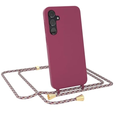Afbeelding van EAZY CASE hoes met koord compatibel Samsung Galaxy A55, telefoonhoes voor siliconen microvezel, schokbestendig, valbescherming, ketting om te hangen, rood camouflage clips,