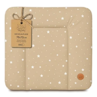 Afbeelding van Afwasbare en waterdichte Verschoonmat 75x72 cm voor op het verschoningsmeubel, verschoningselement, commode of wasmachine Beige met witte sterren