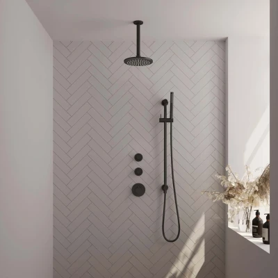 Afbeelding van BRAUER Black Carving thermostatische inbouw regendouche SET 17 met 20 cm douchekop en plafondarm staaf handdouche doucheslang geïntegreerde