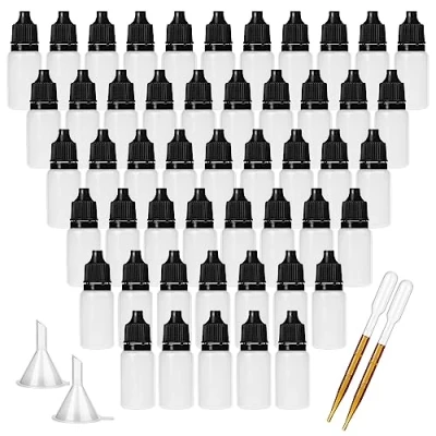 Afbeelding van DONQL 50 stuks oogdruppelflesjes 10ml, druppelfles, knijpfles, vloeibaar, 10 ml flessen voor vloeistof met 2 stickers en trechters reageerbuisjes