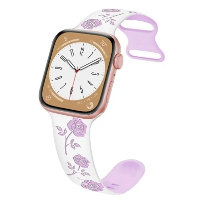Afbeelding van Apple Watch Siliconen bandje met rozen Wit / paars Geschikt voor 38mm 40mm 41mm