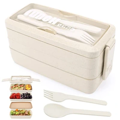 Afbeelding van 3 laags lunchbox Bento box voor volwassenen, 4 in 1 maaltijdvoorbereidingscontainer met vork en lepel, 1000 ml voedselopbergdoos mannen vrouwen, studentenschoolkantoor, magnetronvaatwasser veilig beschikbaar (Beige)