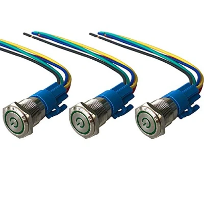 Afbeelding van QitinDasen 3 Stks Premium 19 mm Zelfsluitende vergrendeling Drukknopschakelaar, 12 V/24 V 5A Auto Ontsteking Starter Schakelaar, Groen LED Licht IP67 Waterdichte Metalen Schakelaar met Socket Plug Wire