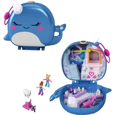 Afbeelding van Polly Pocket Compacte speelkoffer Noordpoolpret met leuke ontdekkingen, micropoppen en Lila, husky slee, ijsbeer stickervel, voor kinderen vanaf 4 jaar