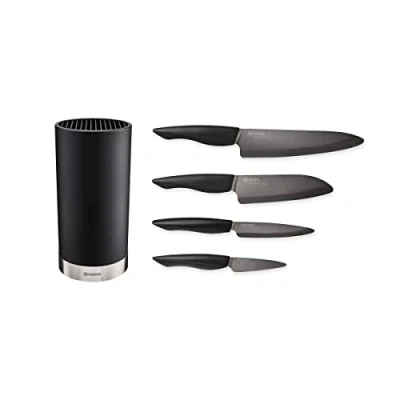 Afbeelding van Kyocera Keramische messenset met SHIN BLACK schilmes, universeel mes en santoku rond messenblok voor 8 messen, lemmet van zwarte zirkoniakeramiek, KB RD BK 4KN ZK EU
