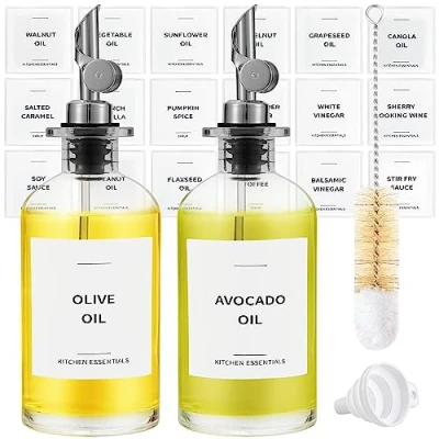 Afbeelding van Spaceneat Olijfoliedispenser voor keuken, koffiesiroop dispenser Elegante Olijfolieflessen keuken Glazen Kookoliedispenser, container, Cruet met schenktuit Set van 2 stuks, Zilver