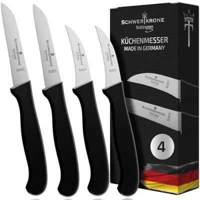 Afbeelding van Schwertkrone Solingen Messenset, 4 delige set, recht + gebogen lemmet, groentemes, scherp keukenmes, schilmes, universeel mes, roestvrij, vaatwasmachinebestendig