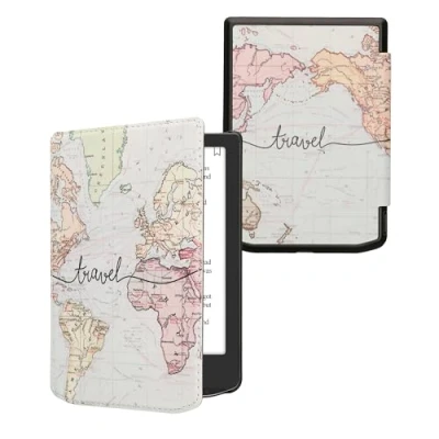 Afbeelding van kwmobile E reader hoesje geschikt voor Pocketbook Verse / Pro hoes flip case met magnetische sluiting Ereader cover Travel Wereldkaart design in zwart meerkleurig