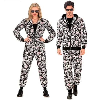 Afbeelding van W WIDMANN Trainingspak, zwart met doodshoofden, jaren 80 outfit, joggingpak, bad knop, carnavalskostuum, Halloween