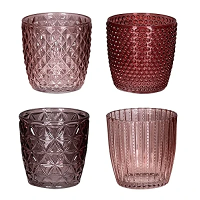 Afbeelding van Set van 4 windlicht H7,5 cm glas roze theelichthouders kaarsen retro kaars houder tafeldecoratie decoratie