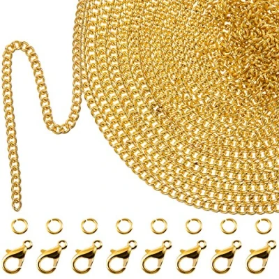 Afbeelding van 33 voet goud gecoate schakelketting, halsketting met 30 buigringen en 20 karabijnsluitingen, voor mannen dames, sieraden, doe het zelf handwerk (1,5 mm)
