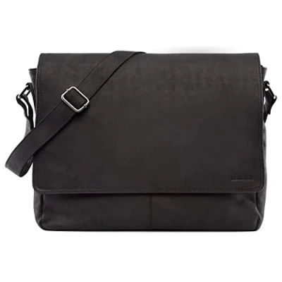 Afbeelding van LEABAGS Oxford lederen Schoudertas I Laptoptas tot 15 inch Boodschappentas van echt buffelleer in vintage look Leren tas Werktas 38x10x31cm Zwart