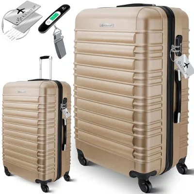 Afbeelding van KESSER® Reiskoffer met harde schaal, incl. kofferweegschaal + bagagelabel, trolley rolkoffer cijferslot en 4 wielen, ABS hardshell, telescoopgreep, champagne, Handgepäck 55cm 55L