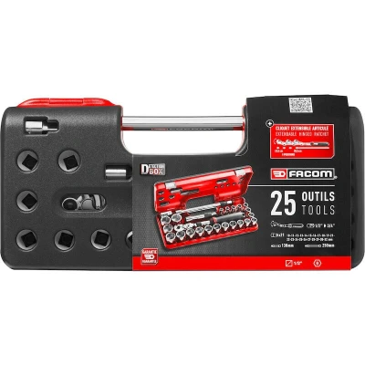 Afbeelding van Facom complete koffer 1/2&quot; 6 kant, 25 delig met uitschuifbare ratel stofdichte scharnierende kop en vergrendeling sxl.171 SXL.DBOX3PB