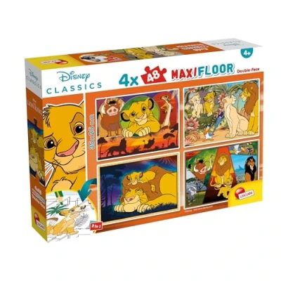 Afbeelding van Lisciani DISNEY Puzzel LION KING Maxifloor 4 x 48 stukjes Dubbelzijdig voor kinderen vanaf jaar Achterkant inkleuren Formaat 35x25 Creatieve activiteit Verjaardagscadeau idee