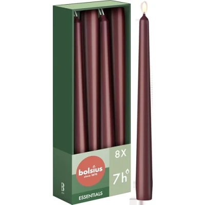 Afbeelding van Bolsius Gladde spitse kaarsen, bordeauxrood, 8 stuks in doos, decoratieve kaarsen voor huishoudelijk gebruik, brandduur 7 uur, ongeparfumeerd, bevat natuurlijke plantenwas, zonder palmolie, 24,5 cm