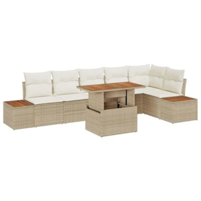 Afbeelding van vidaXL 7 delige tuinbank set met kussens in beige poly rattan, 2 zits opbergruimte &amp; rattan