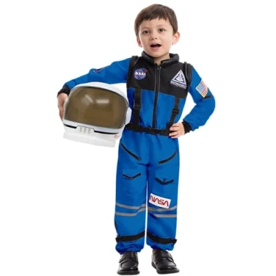 Afbeelding van Spooktacular Creations Blauw astronautenkostuum met helm voor kinderen, ruimtepak, space jumpsuit, Halloween astronaut NASA kostuum jongens en meisjes, Pretend Role Play Dress Up, blauw, S (5 7