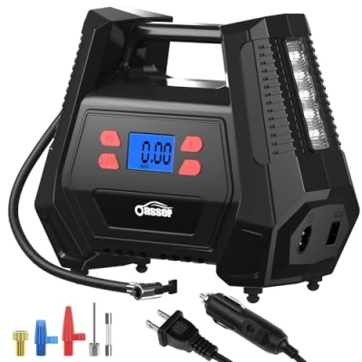 Afbeelding van Oasser Draagbare luchtcompressor voor auto&#039;s, DC 12 V en AC 220 V, met lcd display, ledlicht, kabel van 3 m, 150 psi motorfietsen fietsen