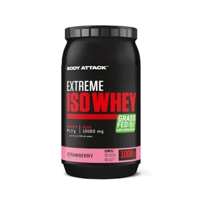 Afbeelding van Body Attack Whey Proteïnepoeder Strawberry, 1 kg proteïnepoeder, gemakkelijk oplosbaar en snel verteerbaar wei isolaat van 100% Ierse weidemelk