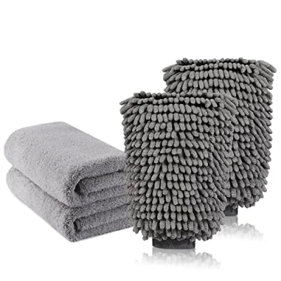 Afbeelding van TAGVO Grote autowashandschoen en microvezel reinigingsdoek, Deluxe koraal chenille handschoenpoetsdoeken, perfect voor keuken, autowassen verf, 2 x doeken + handschoenen)