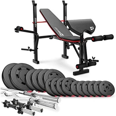 Afbeelding van Hop Sport Verstelbare Fitnessbank HS 1055 met Curlpult, Vlinder en Beencurler incl. 38 kg 129,5 Halterset naar Keuze Lange Curlstang (74kg Lang, Kort &amp; SZ Curlhalter)