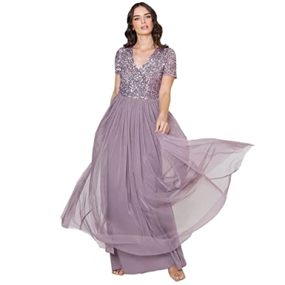 Afbeelding van Maya Deluxe Vrouwen V hals verfraaid Maxi Jurk Korte Mouw Empire Taille Prom Graduation Bruidsmeisje Bruiloft Gast, Moody Lila, 6