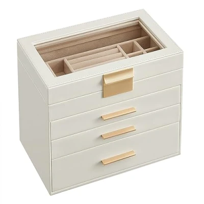 Afbeelding van Sieradendoos, sieradendoos met 4 niveaus, glazen deksel, 3 laden, voor zonnebrillen, grote sieraden, sieradenopslag, modern, wolkenwit goud