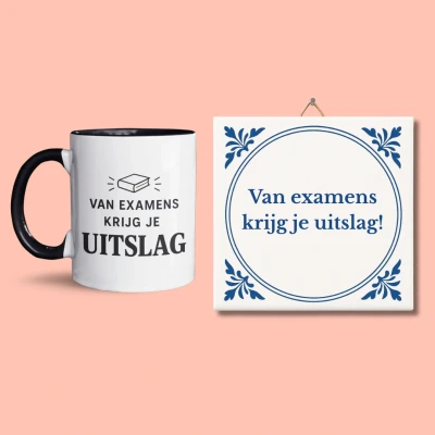 Afbeelding van NietMokken.nl Cadeauset &quot;Van examens krijg je uitslag&quot; Mok 325 ml &amp; Tegeltje 15x15 cm Grappig examen cadeau Leuk kado geslaagd