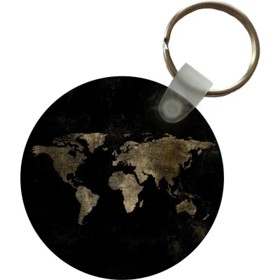 Afbeelding van Sleutelhanger Wereldkaart Zwart Goud Plastic Rond Uitdeelcadeautjes