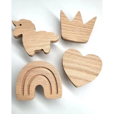Afbeelding van PLT Meubelgrepen in sprookjesmotief voor kindermeubels van onbehandeld eikenhout, knop, heelal, commode, kast, lade, deur, kinderkamer, cadeau (4, eenhoorn, hart, regenboog, kroon)