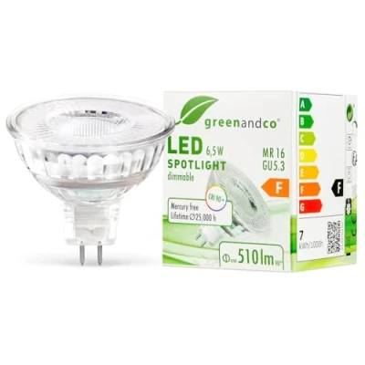 Afbeelding van greenandco® CRI 90+ MR16 GU5.3 dimbare ledspot, 6,5 W, 510 lm, 38 graden, 3000 K, warmwit, 12 V AC/DC, 2 jaar garantie