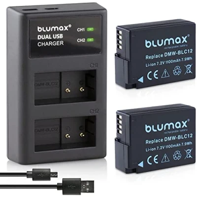 Afbeelding van Blumax 2X Batterij vervangt Panasonic DMW BLC12 / E 1100mAh + USB Dubbele Lader compatibel met Lumix DMC: G5 G6 GX8 G70 G81 GH2