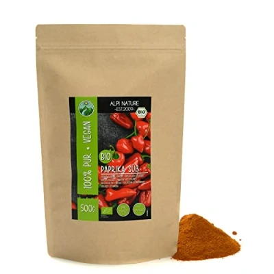 Afbeelding van biologische zoete paprika, gemalen paprikapoeder van gecertificeerde landbouw, glutenvrij, lactosevrij, laboratorium getest, veganistisch, 100% natuurlijk zonder toevoegingen (500 GR)