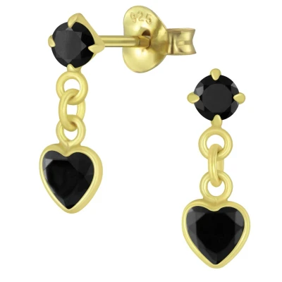Afbeelding van JoyS Zilveren petit hartje oorbellen 4 x 13 mm zwarte zirkonia 14k goudplating kinderoorbellen