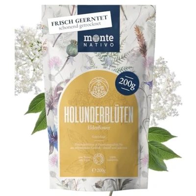 Afbeelding van Monte Nativo vlierbloesemthee, 200 g, vlierbloesems voorzichtig gedroogd op elk moment, 100% zuiver en natuurlijk, vlierbesthee voor kruidenthee of als theecadeau, vruchtenthee