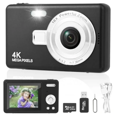 Afbeelding van digitale camera fotocamera met 32 GB kaart, draagbaar fotoapparaat, HD 1080p fotocamera, compacte camera, 40 MP 8 x zoom, voor tieners, beginners (zwart)