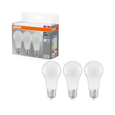 Afbeelding van Osram LED Base Classic A lamp, in zuigervorm met E27 fitting, niet dimbaar, vervangt 75 watt, mat, koudwit 4000 Kelvin, verpakking van 3 stuks