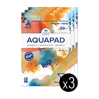 Afbeelding van Clairefontaine Goldline Aquapad 975721C lijmblok 50 vellen aquarelpapier wit medium korrelgrootte fijn A4 21 x 29,7 cm 300 g ideaal voor natte techniek verpakking met 3 blokken